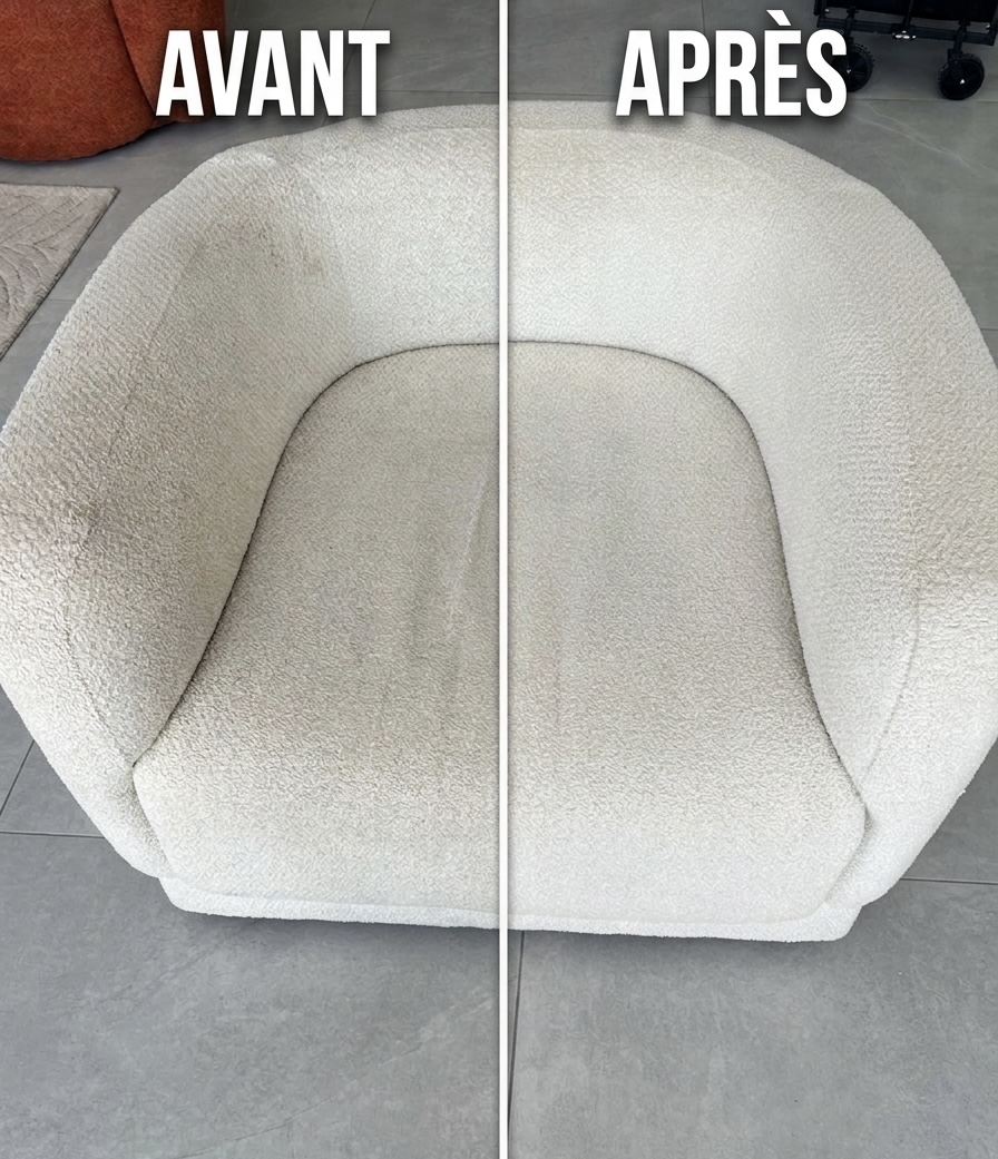 Avant et après le nettoyage d’un fauteuil blanc à Villeneuve-d’Ascq