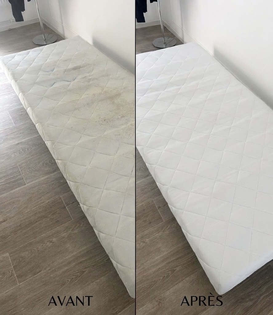 Avant et après le nettoyage d’un matelas à Hénin-Beaumont