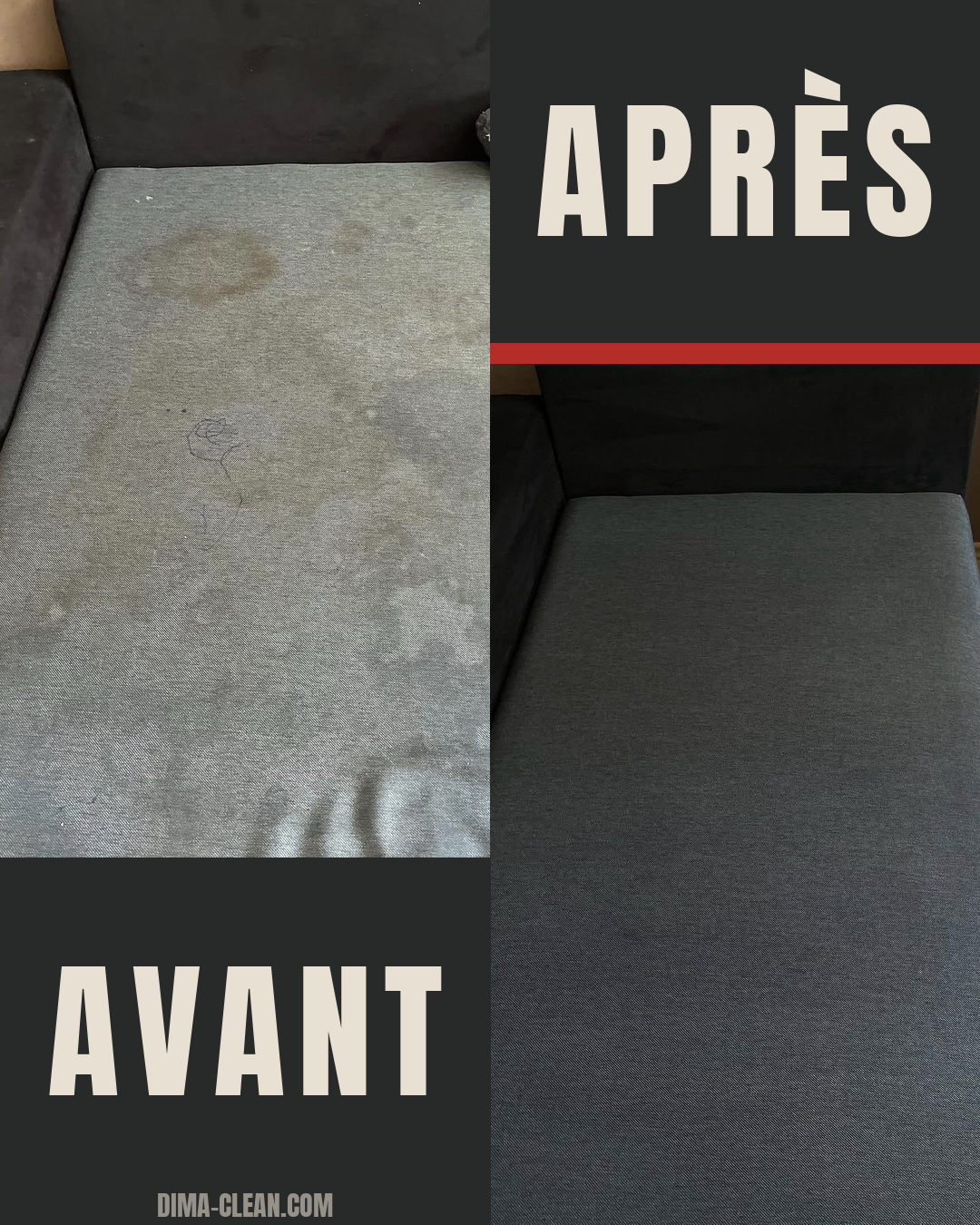 Avant et après le nettoyage d’un canapé gris à Mérignies